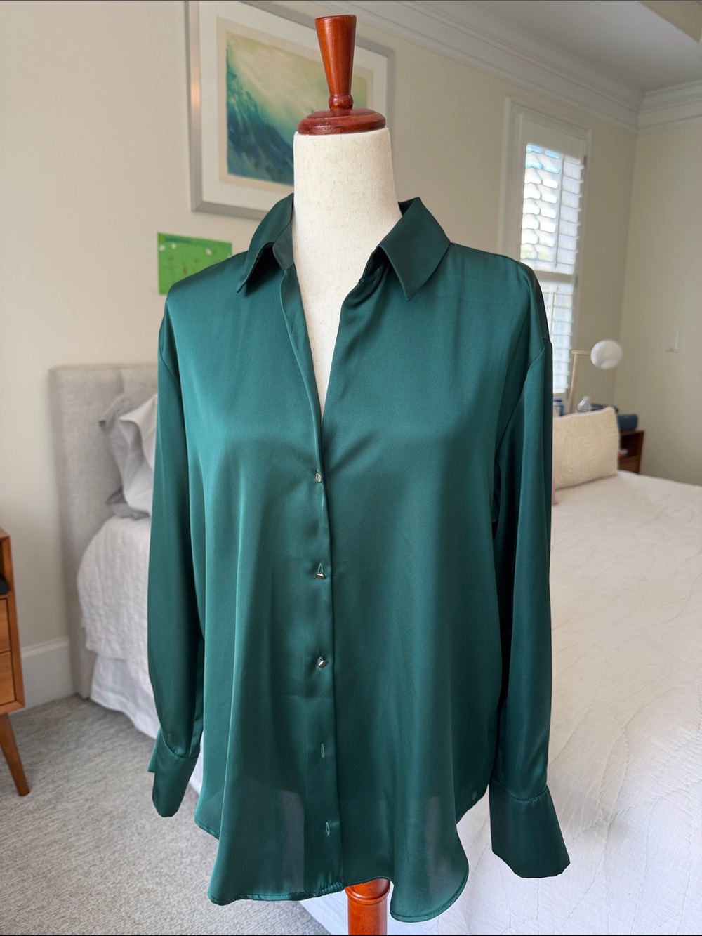 Zara Deep Teal Satin Button-Down Shirt